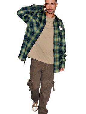 AMIRI Men’s Green Plaid Flannel Button Down Shirt Leather Star Patches XL Luxury